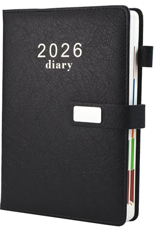 Earning Power Diary 2026, Faux Leather Diary 2026 A5 Page A Day,Productivity Daily Planner from Jan 2026 to Dec 2026 With Monthly Tabs, 3 Bookmark and Colorful Side Panels (Black)