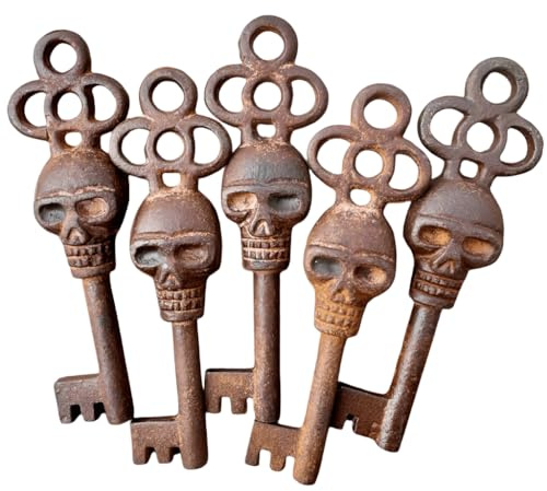Skull Cast Iron Skeleton Keys with Raised Detail & Antique Finish (Set of 5)