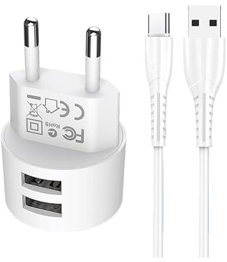 joonnair Ultraflach 2 Ports USB-A Ladegerät Mit C-Port-Kabel, Mini USB Steckdosenadapter, USB Netzteil 5V 2,1A, EU Stecker Netzstecker Kompatibel mit iPhone, Samsung, Huawei, Tablet, Kamera, Powerban