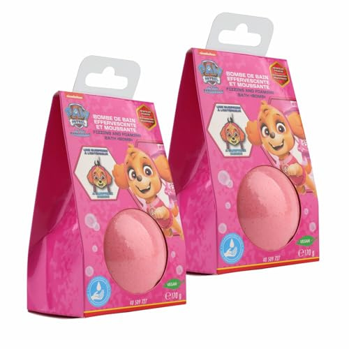 Home-Flair Paw Patrol Badebombe - große Badekugel Chase - Blau Skye -Rosa 170g Schaum-Effekt - VEGAN - mit Überraschungsanhänger (Skye, 2 Kugeln)