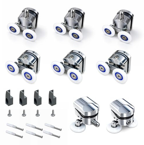 MEGI Rotelle per Box Doccia Universali, Set da 8 Rulli Superiori e Inferiori, Diametro 25mm con Fermavetri, per Porte in Vetro 4-6mm, Argento