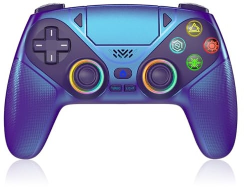 Dinosoo Manette sans RGB pour PS5/Pro/Slim/PC, bleu métallisé, Bluetooth, Avec Palettes Arrière, Pavé Tactile, Prise Audio 3,5 mm, Double Vibration, Macro, Turbo et Mouvement 6 axes
