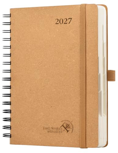 POPRUN Kalender 2027 Tageskalender A5 1 Tag 1 Seite, Softcover Tagesplaner | 12-Monate-Terminplaner(Jan.2027-Dez.2027), Spiralbuch aus Recyceltem 80GSM Papier, für Büro & Studium(Wüstenbraun)