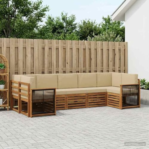 mzdioop Ecksofa Set 6-teilig aus massivem Akazienholz und Polyester naturfarben, modulare Sitzgruppe für Garten, Terrasse und Balkon, mit abnehmbaren Sitzkissen, platzsparend, langlebig, komfortabel