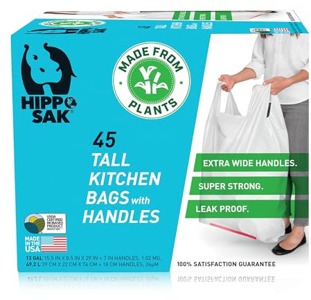 Hippo Sak – Lot de 45 sacs poubelles hauts avec poignées à base végétale, 50 litres