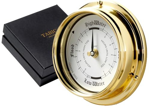 Tabic Handmade Tide Clock in Brass with white Dial, Traditional Marine Tide Wall Clock, Ocean-Themed Nautical Clock for Beach Enthusiasts - Heavy 1/2kg Brass Case, Handcrafted in England
