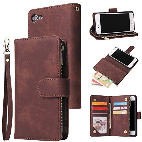 UEEBAI Wallet Case for iPhone 7/8/SE 2022 5G/SE 2020, Premium PU Leather Magnetic Handbag Zipper Case Kickstand Card Slots Wrist Strap Flip Cover for iPhone SE3/SE2 - Coffee