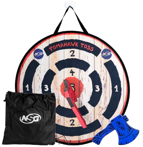 NSG Tomahawk Toss - Foam Axe Throwing Game for Kids - Two Lightweight Axes with Large Easy Stick Target, Wood/Black/red/Blue (JS7000)