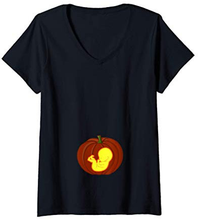 Femme Drôle de costume de grossesse d'Halloween Bébé-citrouille T-Shirt avec Col en V