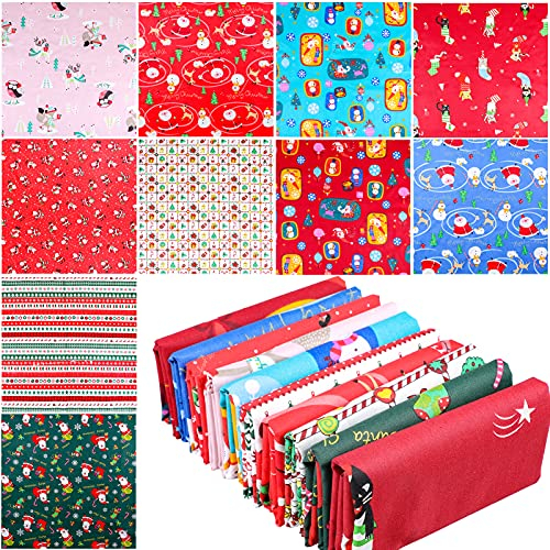Qpout 10 Pieces Christmas Fabrics(50x50 cm/19.7x19.7 in), Christmas Fat Quarters Fabric Bundles Patchwork Cotton, Xmas Decoration Christmas Material Fabric Panels for DIY Sewing Quilting