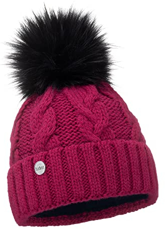 ELIMELI® Winter Mütze Damenmütze mit Fell-Bommel Fleece Innenfutter gefüttert - warme Damen Bommelmütze Strickmütze - Wintermütze mit Kunstfell Bommel - Slouch Strick Beanie Made in EU (Fuchsia)