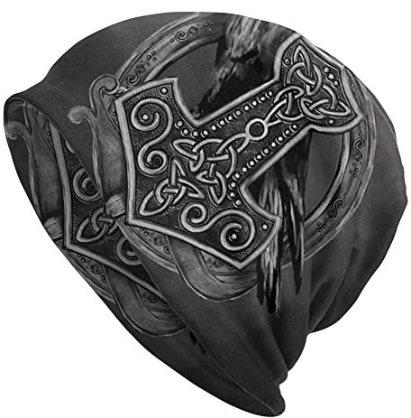 WSXJJ Wikinger Odin Tattoo Skullies Mützen Kappe Männer Frauen Motorhaube Winter Warme Hip Hop Punk Strick Hut Nordic Geschenke,Grey Thor Hammer