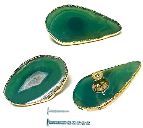 YOUYOUULU 3 x Grüne Achatknäufe, natürliche Geoden Steinscheiben Ziehgriff, Goldene Kanten, Möbel DIY Schrank Schublade Griffe Kommoden knöpfe, Achat Vergoldete Kante Schubladen Knauf(Jadegrün)