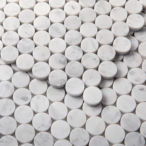 Diflart Carrara weiße italienische Bianco Carrera Marmor Penny rund 2,5 cm Mosaik Backsplash Fliesen poliert für Küche Bad Dusche Wand Boden 5 Stück