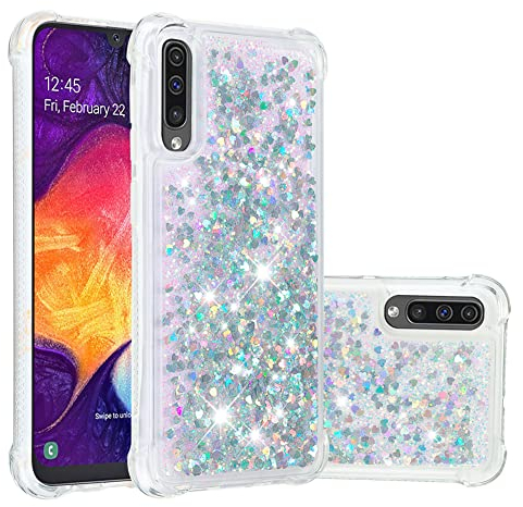 IMEIKONST Glitzer Hülle Kompatibel mit Samsung Galaxy A50, Handyhülle Flüssig Mädchen Treibsand Schuzhülle Glitzer klar Stoßfest TPU Bumper Silikon Case für Samsung A50S / A30S. Love Silver YBW