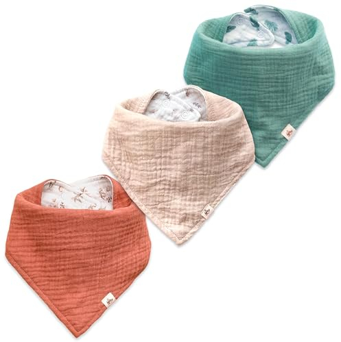 Mikito Lätzchen Baby - Musselin Spucktücher Baby 3er Set - jedes Lätzchen ist beidseitig verwendbar + größenverstellbar - Dreieckstuch mit Pattern als Erstausstattung für Neugeborene