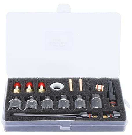 Tissting 17Pcs Wig Schweißzubehör Gaslinsen Kit, 6 Glasdüse, 3 Pistolenschwanz, 3 Wolfram Klemme, Silikon Ring, 3 Führungsstück, Feste Hülse, Schweißbrenner Zubehör Kit für WP-17/18/27