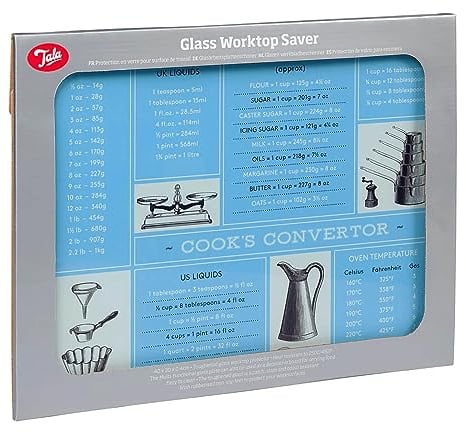 Tala Conversion Design Toughened Glass Chopping Board and Work Top Saver While preparing Foods, Measures,Blue, 30cm x 40cm