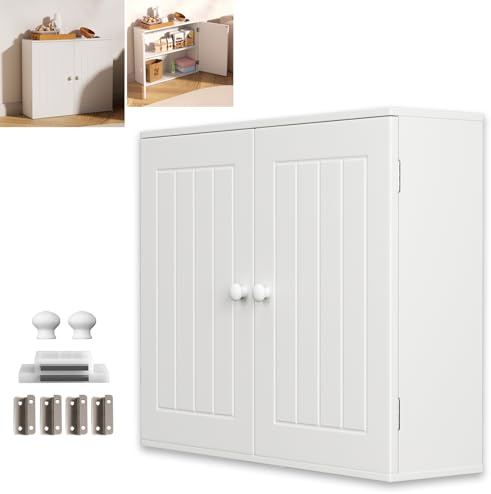 Kitchen Storage Cabinet 3 Hole Height Design and 2 Placement Methods Bathroom Wall Cabinet Modern Widened Design Large Capacity Hanging Cupboards with Double Door and Adjustable Shelf White 60x15x50cm