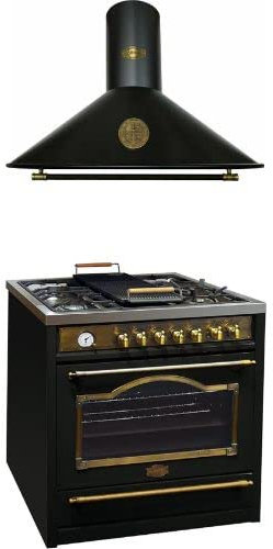 Kaiser Fornello Empire HGE 93555 Em+A 9423 BE ECO, Piano cottura elettrico a gas retrò 90 cm Range Coocker/Cappa aspirante 90 cm, 910 m³/h,Nero,Belle Epoque con elementi metallici -Antique Oro-