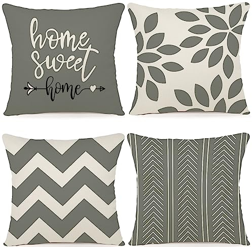 ZWJD Kissenbezug 40x40 4er Set Dekokissen Kissenbezüge Dekoration Outdoor Kissenbezüge Leinen Dekokissen für Schlafzimmer, Sofa, Stuhl, Bett, Garten (40 x 40 cm,grau Grün)