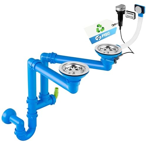 FISC Recyceltes Doppel Siphon Küchenspüle Set mit Drehexcenter 3 1/2 | Siphon für Edelstahl- und Granitspülen | Küchenspülenablauf Set - Siphon Für Doppelspüle - Ablaufgarnitur für Spüle Doppelbecken