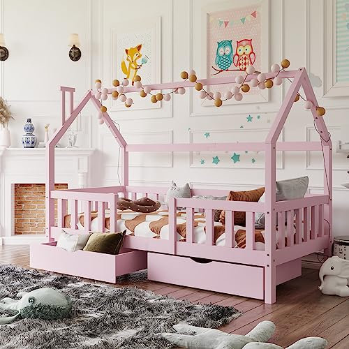 GBHJJ Lit cabane pour Enfant avec cheminée, sommiers à Lattes Robustes, lit cabane pour Enfants en Bois de pin, 90 x 200 cm sans Matelas, (Option 2 : avec Deux tiroirs de Rangement) Rose,Withdrawers