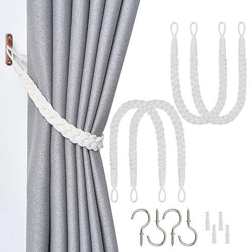 Pretty Jolly Vorhang Raffhalter aus natürlichem Baumwollseil, eleganter, dekorativer Vorhang-Raffhalter im Boho-Stil, weiche, handgewebte Seil-Vorhanghalter für Zuhause und Büro, Weiß, 4 Stück