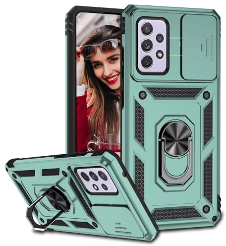 POUHYE Handyhülle für Samsung Galaxy A72 4G / 5G Hülle, [Slide Camera] Hybrid Militärqualität Stoßfest Bumper Outdoor Handyhülle mit 360° Drehbarer Metall Ring Ständer Schutzhülle Case Dunkelgrün