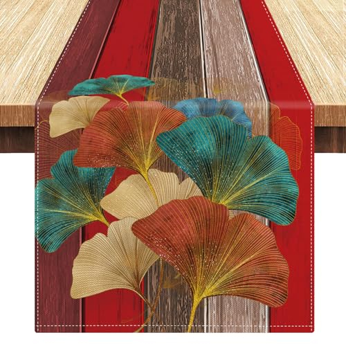 LRartdeco Tischband Rot Tischläufer Winter Mode Table Runner Retro Holzoptik Landhausstil Tischlaufer Gold Ginkgo Dekoratives Tischläufee Leinen für Party Draußen Picknicks Esstisch Deko,33x183cm