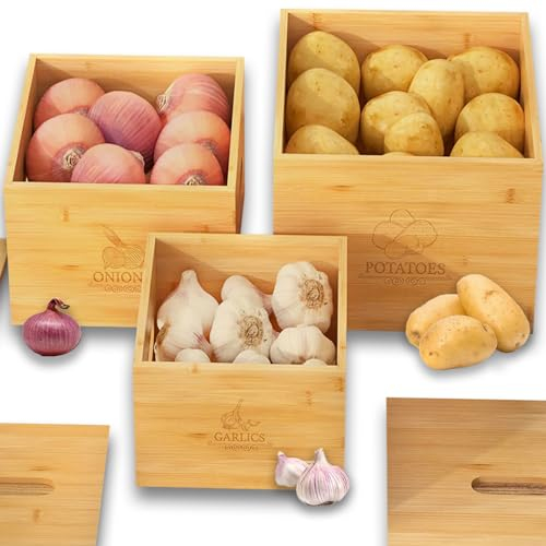 TOIMALDO® Contenitore Per Patate, Contenitore Per Cipolle In Legno Di Bambù, [Set di 3] Può Conservare Patate Cipolle Aglio, Vaso Per Cipolle Impilabile/Scatola Per Patate