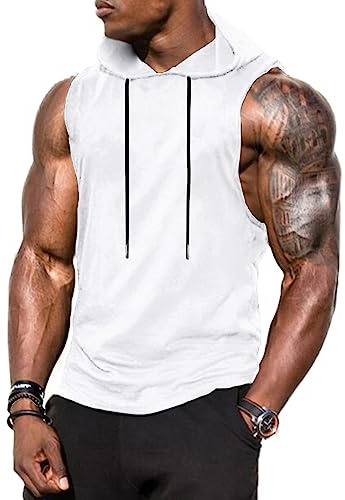 Babioboa Herren Muskelshirts Training Tanktop Workout Pullover mit Kapuze Unterhemd Sports Fitness Training Weiß L