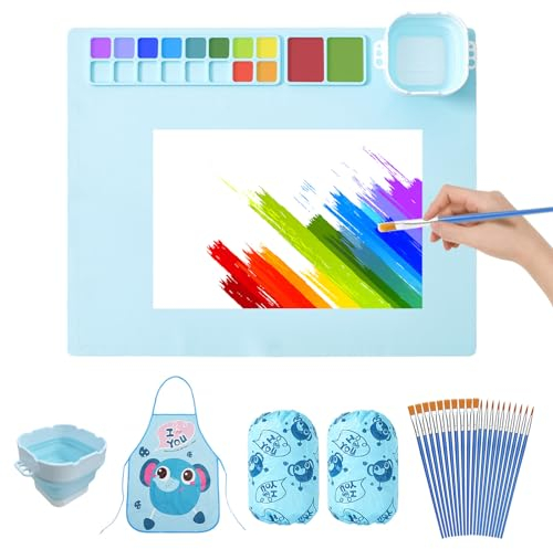 ZIGefofo Tapete de Pintura de Silicona 41×51cm con 20 Pinceles de Pintura 1 Taza de Limpieza Delantal y Mangas Tapete para Manualidades Pintura Arte Arcilla Acuarela Proyectos Bricolaje - Azul