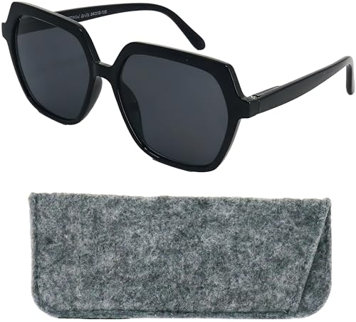 Stilvolle Sonnenbrille Sechseckig Damen mit Sehstärke, Leichten Kunststoff Brillengestell mit (Schwarz) und großen Gläsern, Gratis Etui, Moderne Lesesonnenbrille +1.5 Dioptrien