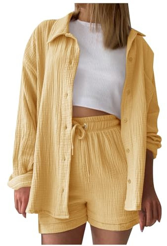 Zweiteiler Damen Sommer Musselin Bluse Hemd und Shorts Clothes Aesthetic Zweiteiler Lounge Set Strand Outfit Set Two Piece Set Women Streatwear Trainingsanzüge für Damen (01 Gelb, XL)