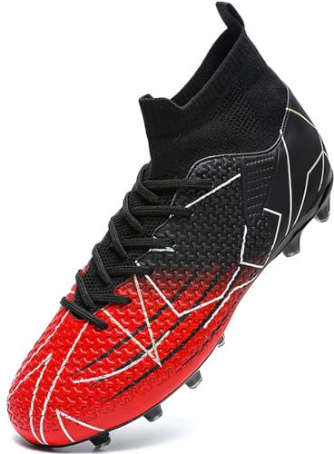VTASQ Boys' Football Boots Kids Turf Football Shoes Professional Teenager Athletics Sneakers Outdoor Non-Slip Training Soccer Shoes High Top Football Shoes Spikes Bark Red 1UK