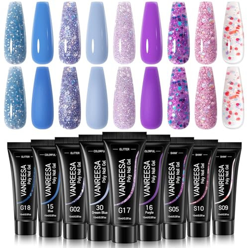 VANREESA Poly Nail Gel Kit 9 Colours 15ml Builder Nail Gel Kit Blue Purple Glitter Extension Gel Nail Kit Nail Art Set Christmas Gifts for Women