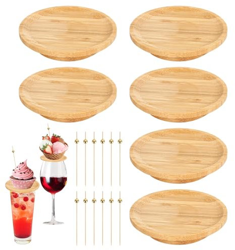 bssmmai Weinglas Topper Bambus Charcuterie Wein Aufsätze mit Stäbchen Wine Glas Charcuterie Topper Holz Weinglas Weinglasabdeckungen Trinkglasdeckel für Desserts Vorspeisen (6pcs)