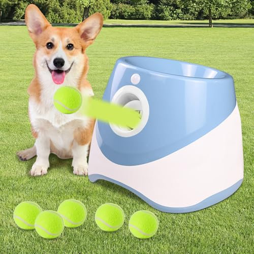 Polegas Automatic Dog Ball Launcher, Balls Thrower with 6 Pcs 2 Tennis, Throwing Machine with 10-30 ft Throw Distance, for Small and Medium Size Dogs, Interactive Pet Toy for Training