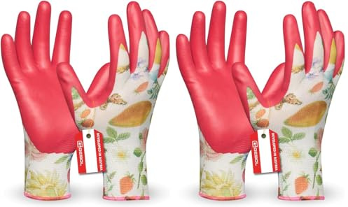 Gebol Gardeluxe „bee-friendly“ Flower&Fruit | 1 Paar | Gr. 8/M| Gartenhandschuhe im Bienen-Design | Limited Edition | sehr weiche Beschichtung | angenehme Passform | für Damen | rosa, bunt