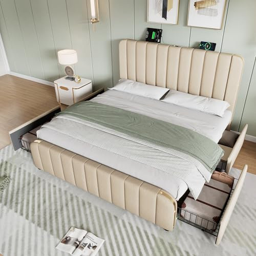 Polsterbett Doppelbett 160x200, Stauraumbett Jugendbett mit 4 Schubladen&USB Typ-C Ladefunktion, Bett Funktionsbett Bettgestell mit Holz Lattenrost&goldenen Zierstreifen Kopfteil, Leinen,Ohne Matratze