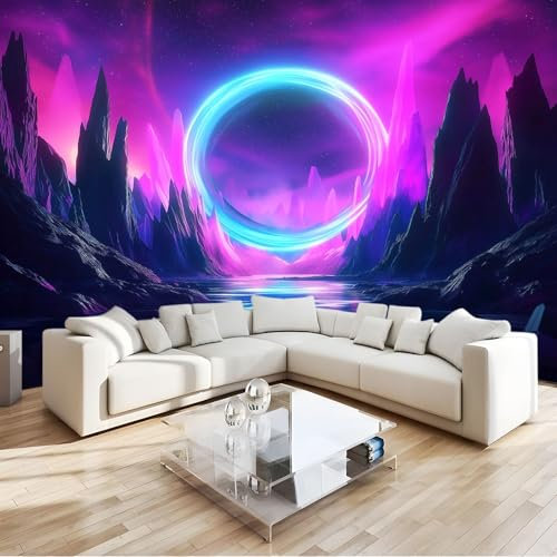Wall Mural Photo Wallpaper, Digital Art Geometry Northern Lights Neon Non-Woven 3D Photo Wallpaper, Pink Purple Sofa TV Living Room Wallpaper Mural, 250 x 175 cm Wall Art Wall Sticker Wallpaper