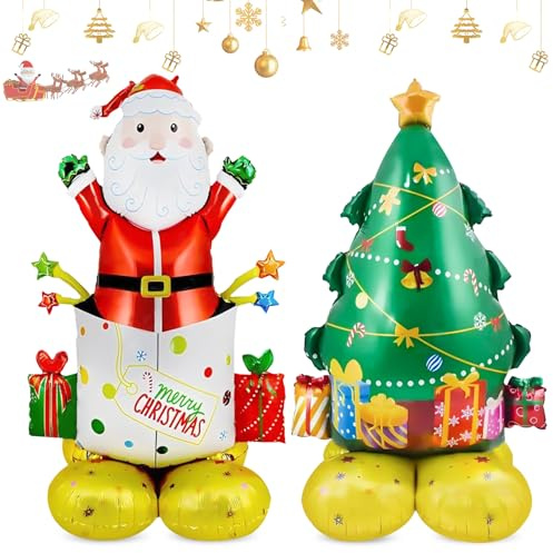 HaoHanEup Inflatable Christmas Tree & Santa Claus Balloon, 46 Inch Large Self Inflating Balloons for Christmas Day Birthday Party Decorations Supplies Indoor Outdoor Yard Patio Garden
