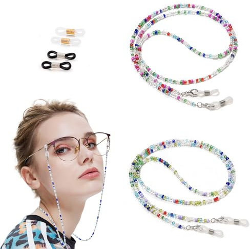 MEGAVOW 2 Stück Brillenkette Damen, Brillenband Damen Brillenbänder Einstellbare Anti Rutsch Brillenschnur Stilvolle Perlen Brillen Kette Brillenhalter Sonnenbrille Kette Maskenkette