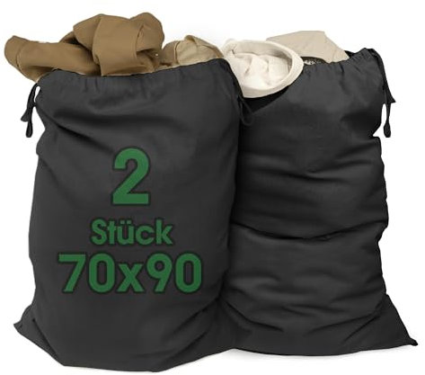 ELES VIDA® - XXL Wäschebeutel Schwarz 2 Stück 70x90cm aus 100% Baumwolle - XL Extra große Heavy Duty Wäschesack - langlebig, Mit Kordelzug, Reise Wäschesammler Wäschebox Kleidersack Aufbewahrung