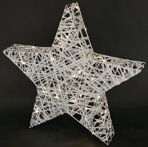 LED Deko Leuchte mit LED in Warmweiß Silber Leuchtstern aus Metall mit Timer Funktion batteriebetrieben 45 cm groß Winter- & Weihnachtsdeko Weihnachtsstern Beleuchtung Stern Sternlampe, silber