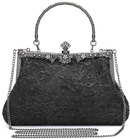 BAIGIO Clutch Damen 1920s Abendtaschen Damen Vintage Clutch Schwarz Tasche Floral Elegant Handtasche Umhängetasche für Party Hochzeit Brauttasche Spitze Kettasche Kleine