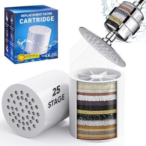 RubiGo - 2 Pack 25 Stage Shower Filter Cartridge, Multi Stage Shower Filter Replaceable Cartridge with Vitamin C, Water Softener Hard Water UK, Remove Chlorine, Heavy Metals, Water Purifier
