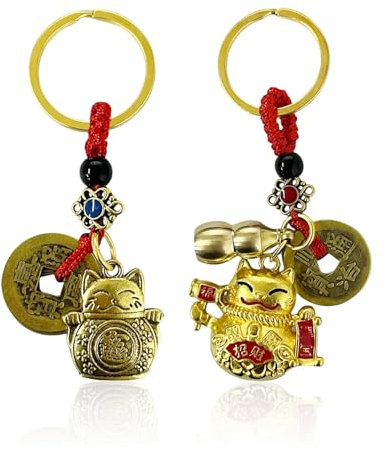 2Pcs Porte-Clés Chat Chanceux, Porte-Clés Pendentif en Cuivre Feng Shui, Pendentifs Chat Chanceux, Pendentifs Porte-Clés Personnalisés Créatifs, Accessoires Clés