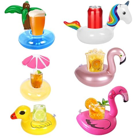 Getränkehalter Pool, 6 Stück Pool Getränkehalter, Cartoon Aufblasbare Becherhalter – Flamingo, Einhorn, Palmbaum, Regenschirm, Gelbe Ente & Gans für Pool & Sommerparty